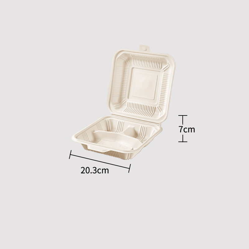 Corn Starch Based Material Disposable 8'' Hinged Lid Container,3-compartment